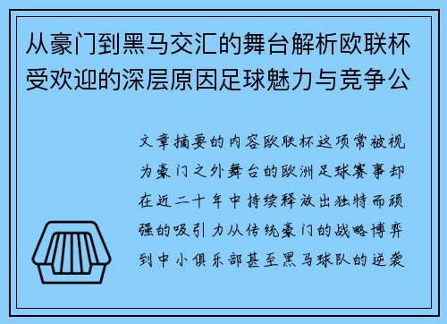 从豪门到黑马交汇的舞台解析欧联杯受欢迎的深层原因足球魅力与竞争公平性