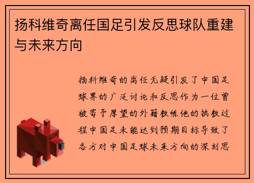 扬科维奇离任国足引发反思球队重建与未来方向 扬科维奇离任国足引发反思球队重建与未来方向