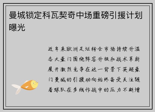 曼城锁定科瓦契奇中场重磅引援计划曝光