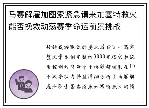 马赛解雇加图索紧急请来加塞特救火能否挽救动荡赛季命运前景挑战