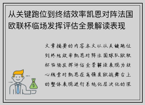 从关键跑位到终结效率凯恩对阵法国欧联杯临场发挥评估全景解读表现